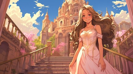 b'girl with long brown hair wearing a white dress standing on a staircase in a castle' - obrazy, fototapety, plakaty
