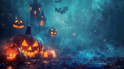 b'Halloween pumpkin jack o lanterns in a spooky forest at night'