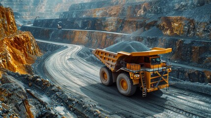 Dump truck, in an open coal mine, with high walls of earth and cars in the background
