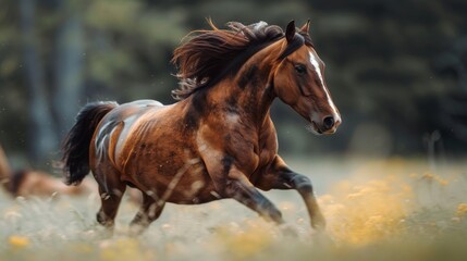 Horse running in a herd, mane flying and muscles ripping against a softly blurred background