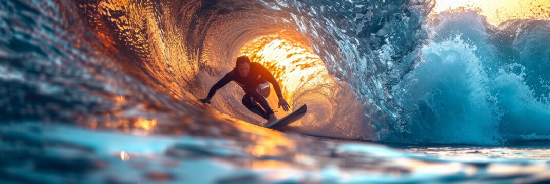 Experience surfing mastery: Surfer skillfully rides waves, mastering the barrel in the blue ocean