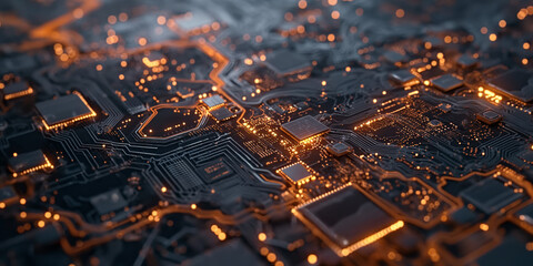 Macro View of a Glowing Electronic Circuit Board