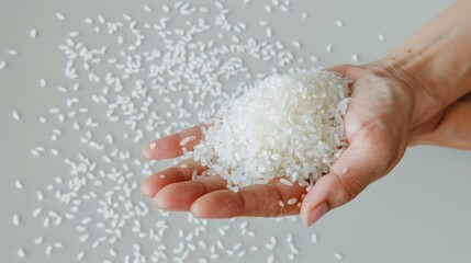 Close-up shot of Thai jasmine rice in hand, white background