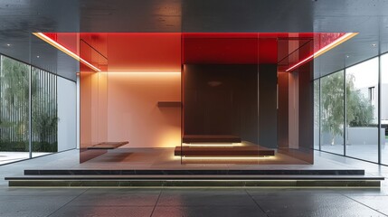 Red glass room with bench