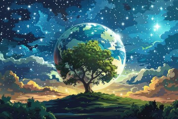 b'Fantasy landscape with a tree and a planet in the sky'