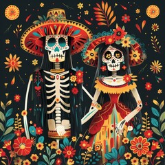 b'A colorful illustration of a man and woman dressed as skeletons in traditional Mexican clothing'
