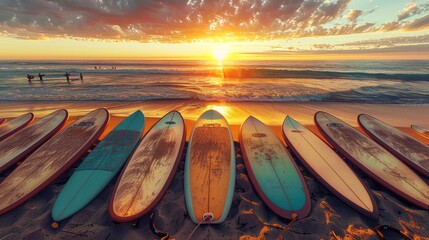 Many surfboards aligned on the beach with beautiful sunset in background.