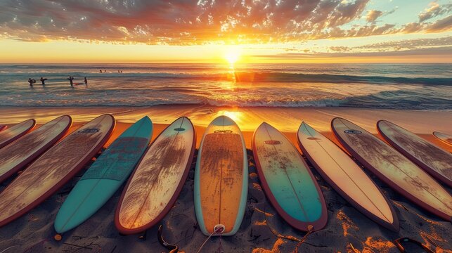 Many surfboards aligned on the beach with beautiful sunset in background.