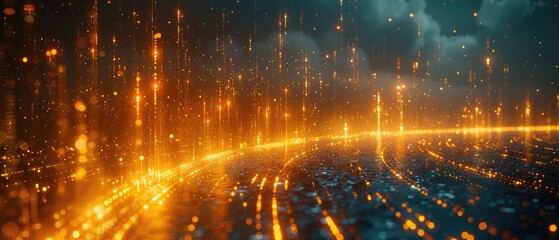 Surreal scene of a golden river flowing through a futuristic city, symbolizing the flow of data in digital communication networks