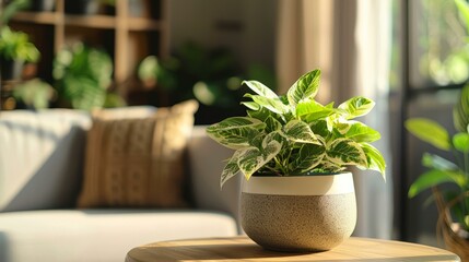 b'A beautiful houseplant sits on a table in front of a couch.'