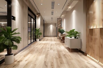 b'Office interior with wooden floor, plants and modern furniture'