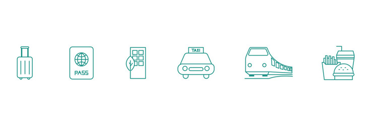 Traveler's Toolkit: Suitcase, Passport, Hotel, Car, Train, Food Vector Icons