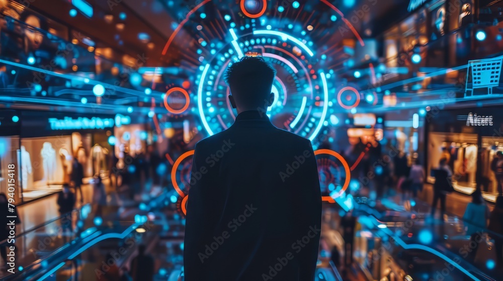 Poster a man stands in front of a crowd of people in a futuristic setting. the image is a representation of