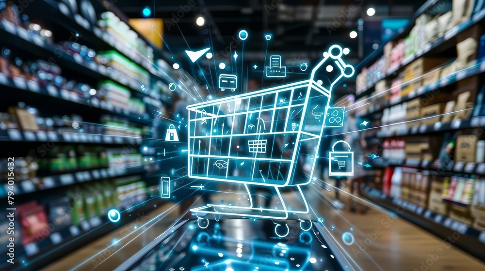 Poster a shopping cart with a blue cart on a screen. the cart is full of items and has a lock on it