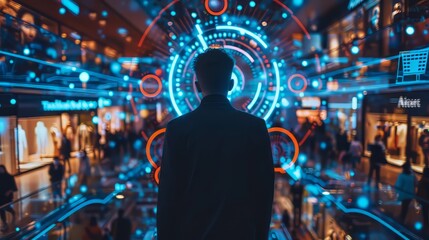 A man stands in front of a crowd of people in a futuristic setting. The image is a representation of a virtual reality experience, with the man being the main focus - obrazy, fototapety, plakaty