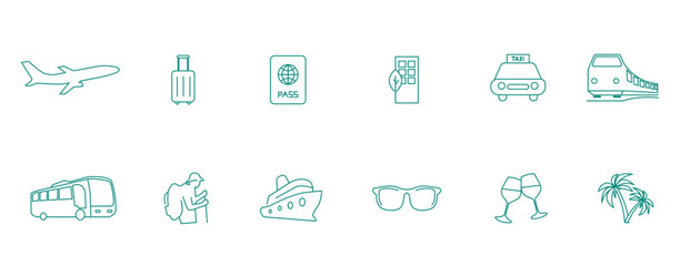 Worldly Wanderlust: Airplane, Suitcase, Passport, Hotel, Car, Train, Camera, Food, Ticket, Visa, Boot, Air Balloon Vector Icons