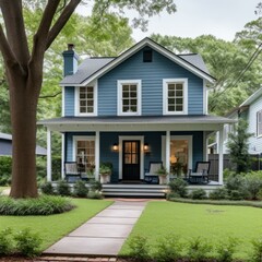 b'Small blue house with white porch and black door'