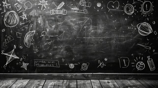 Imitation of a black empty chalk board with white chalk drawings on a school theme. monochrome image.
