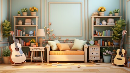 b'Cozy home interior with sofa, guitars, bookshelves and decorations'