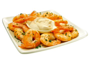 prato com porção de camarão frito acompanhado com molho de maionese caseira isolado em fundo transparente