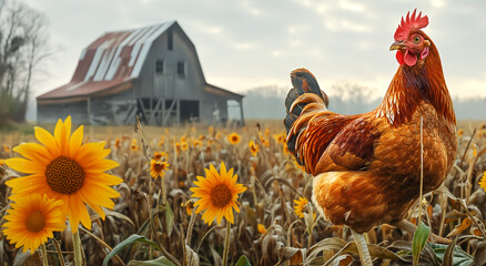 Hen on the background of sunflowers and barn - obrazy, fototapety, plakaty