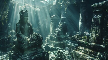 Sunlit Underwater Ruins of an Ancient Mystical Temple in a Serene Aquatic Landscape