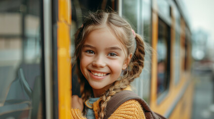 Smiling girl in school bus with backpack