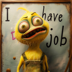 Cartoon style handyman with "I have a job" sign in the background