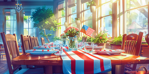 A table decorated with flowers and the national American flag. Beautiful glasses and porcelain dishes complement the atmosphere. This reflects the concept of celebrating U.S. Independence Day - obrazy, fototapety, plakaty