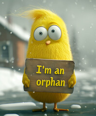 Yellow bird in cartoon style with a board