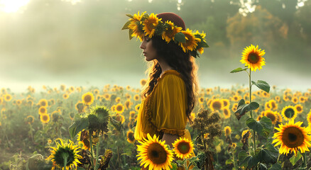 Woman in the meadow with sunflowers