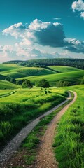 b'Countryside dirt road through rolling green hills'