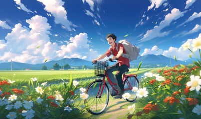 A young boy is riding his bicycle on the road, smiling happily in front of him. The background features green fields and red flowers under a blue sky with anime style