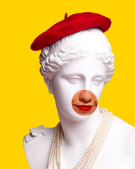 Antique statue bust with red beret and female lips and nose photo elements on bright yellow design. Modern design. Contemporary colorful art collage. Concept of creative vision, emotions