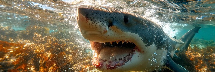 Jaws agape: Great white shark in a breathtaking underwater scene - obrazy, fototapety, plakaty