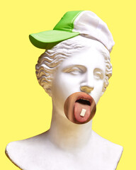 Hipster. Plaster head model with human mouth and bubblegum and green cap element on light yellow background. Modern design. Contemporary colorful art collage. Concept of creative vision, emotions.