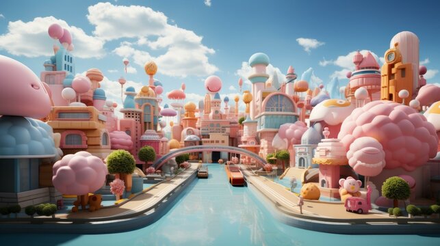 b'A whimsical digital illustration of a colorful cityscape with pink fluffy buildings and blue waterways'