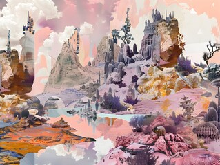 Enchanting Surreal Landscape with Towering Castles and Magical Mountains in the Clouds