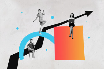 Trend artwork composite sketch image 3D photo collage of colleagues man lady work use laptop stats...