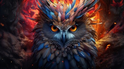 artistry and nature in a painted owl masterpiece, where vibrant splashes of paint converge to form a captivating portrayal of this nocturnal creature amidst a colorful realm.