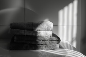 A monochrome photo of towels stacked on a wooden table