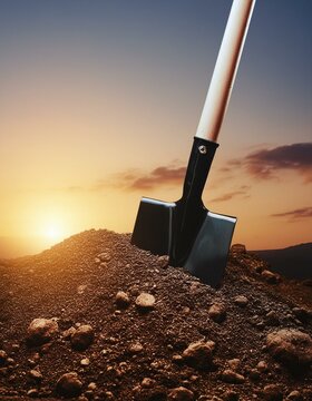 Schwarze Schaufel steckt ein Erdhaufen - Sonne geht unter