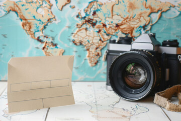 A blank note with for travel plan, positioned next to a world map and camera. This image can evoke themes of adventure, exploration, and wanderlust