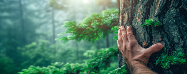 Closeup of hand of a man touching trunk of a big tree. Environmental protection concept.