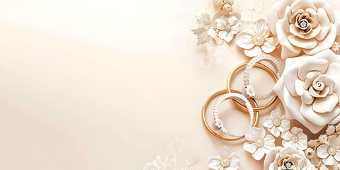 Two golden wedding rings lie on a beige background next to a cream rose and a white ribbon
