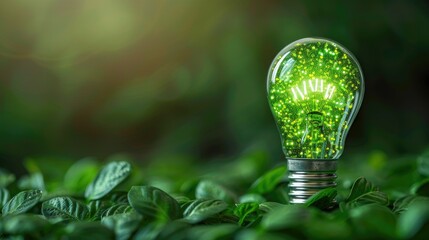 Green energy-efficient lightbulb - obrazy, fototapety, plakaty
