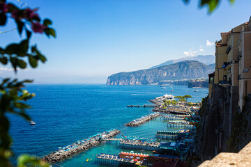Sorrento, Italy - August 15th, 2023. Coastline view of Sorrento beaches and Gulf of Naples, Italy.