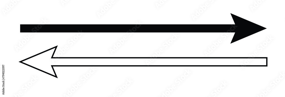 Poster straight long arrow, left thin line, black cursor, horizontal element, thick pointer vector icon iso