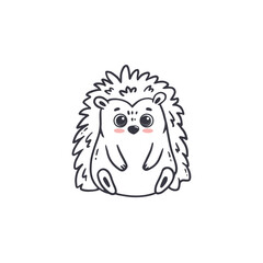 Cute cartoon hedgehog Isolated on white. Funny forest character. Doodle. Coloring page. Vector illustration