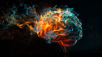 Vibrant digital artwork portraying a human brain filled with dynamic, colorful energy